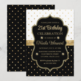 Convite Elegantes Pontos Pretos e Brancos de 21º Aniversár