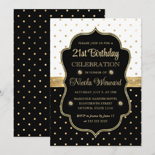 Convite Elegantes Pontos Pretos e Brancos de 21º Aniversár