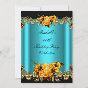 Convite Elegantes Rosas Amarelas Azul Turquesa Dourado de 