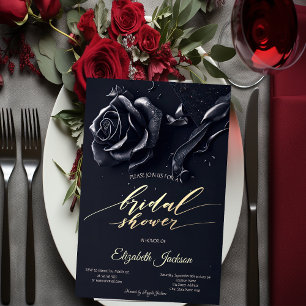 Convite Elegantes Rosas Azuis Escuras Festa de Noivado Gót