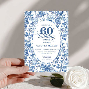 Convite Elegantes Rosas Azuis Francesas Toile 60º Aniversá