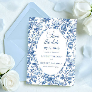 Convite Elegantes Rosas Azuis Toile Salve o Dia do Casamen