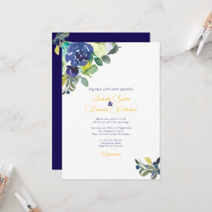 Convite Elegantes Rosas Azul Índigo em Aquarela para Casam