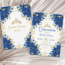 Elegantes Rosas Azul Real Dourado Quinceañera