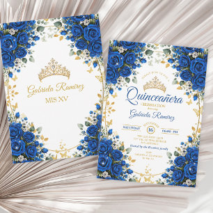 Convite Elegantes Rosas Azul Real Dourado Quinceañera