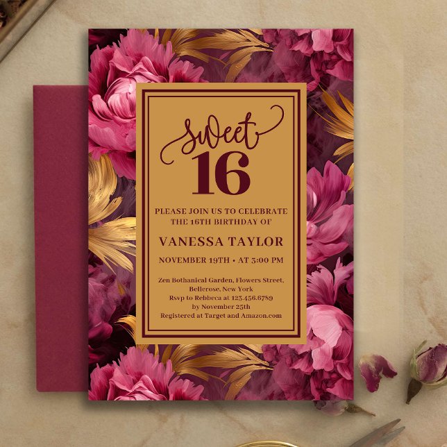 Convite Elegantes Rosas Bege Borgonha Dourado Sweet Sixtee (Stylish Burgundy Blush Roses Gold Sweet Sixteen Invite

)