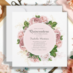 Convite Elegantes Rosas Beijo Rosa Floral Branco Quinceañe