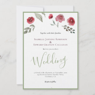 Convite Elegantes Rosas Burgundy & Casamento em Verde Salv