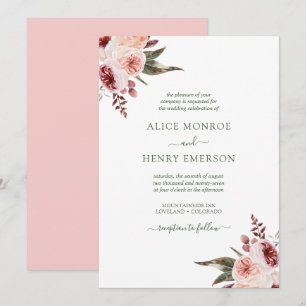 Convite Elegantes Rosas Burgundy Rosa em Aquarela para Cas