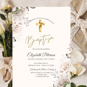 Convite Elegantes Rosas Cruz Ouro Creme Batismo