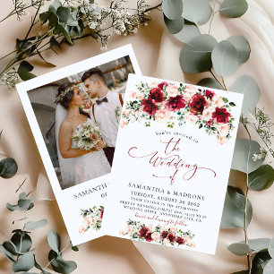 Convite Elegantes Rosas de Blush Borgonha Foto Floral Casa