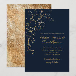 Convite Elegantes Rosas Desenhadas a Ouro em Casamento Azu