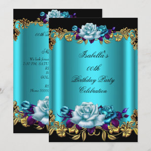 Convite Elegantes Rosas Douradas Azul Turquesa Roxo Aniver