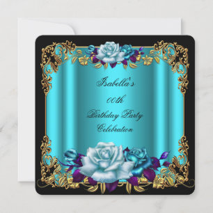 Convite Elegantes Rosas Douradas Azul Turquesa Roxo Aniver