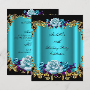 Convite Elegantes Rosas Douradas Azul Turquesa Roxo Aniver