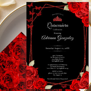 Convite Elegantes Rosas e Coroa Vermelha Quinceanera 