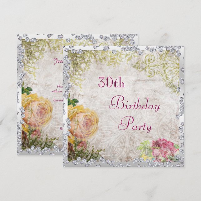 Convite Elegantes Rosas e Diamantes em Estilo Shabby Chic  (Frente/Verso)