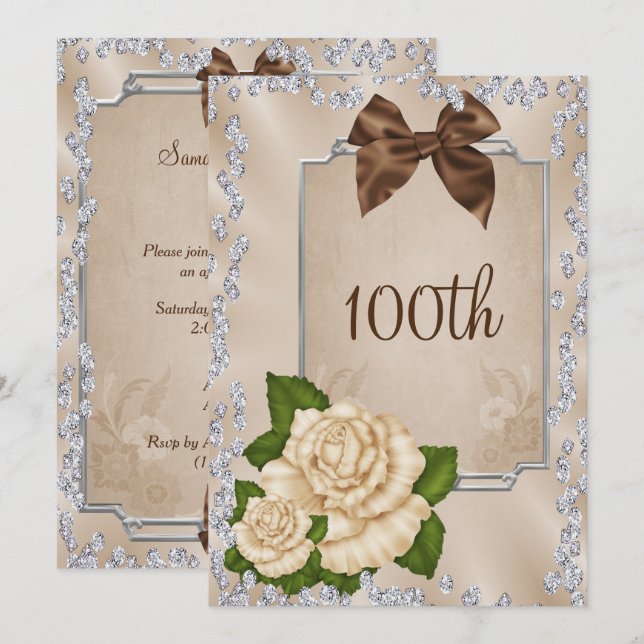 Convite Elegantes Rosas e Laços Ivory Românticas 100º (Frente/Verso)