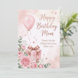 Convite Elegantes Rosas em Aquarela & Balão Rosa Feliz Ani