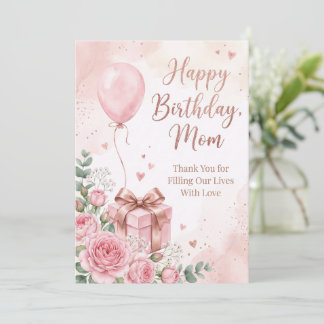 Convite Elegantes Rosas em Aquarela & Balão Rosa Feliz Ani