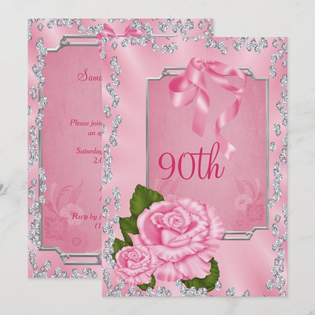 Convite Elegantes Rosas & Laços Românticos 90º (Frente/Verso)