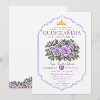 Convite Elegantes Rosas Lavanda Coroa de Princesa Quinceañ
