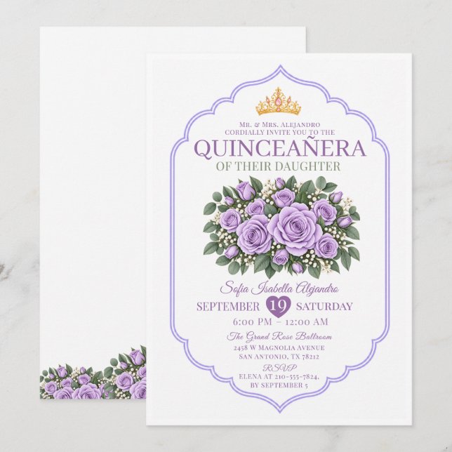 Convite Elegantes Rosas Lavanda Coroa de Princesa Quinceañ (Frente/Verso)