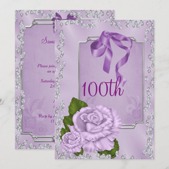 Convite Elegantes Rosas Lilás Românticas & Laços 100º (Frente/Verso)