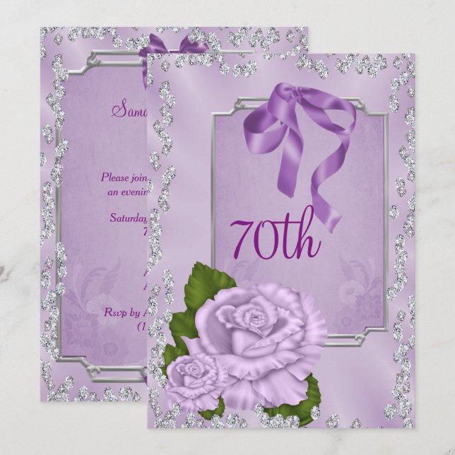 Convite Elegantes Rosas Lilás Românticas & Laços 70º (Frente/Verso)