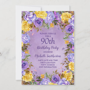 Convite Elegantes Rosas Peônias Roxas Amarelas 90º Anivers