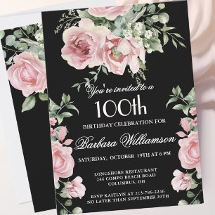 Convite *Elegantes Rosas Pintadas à Mão Festa de 100 Anos