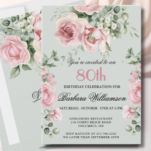 Convite **Elegantes Rosas Pintadas à Mão para Festa de 80 