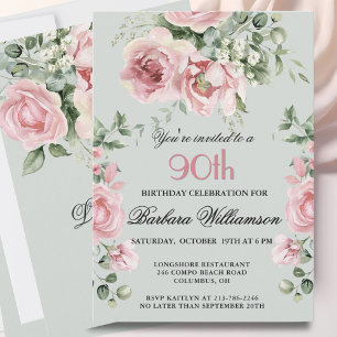 Convite *Elegantes Rosas Pintadas à Mão para Festa de 90 A