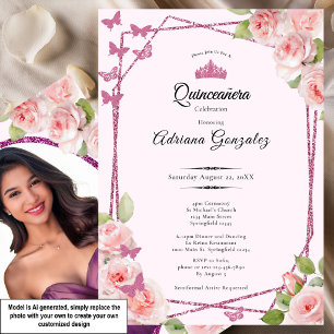 Convite Elegantes Rosas Rosa e Coroa Quinceanera