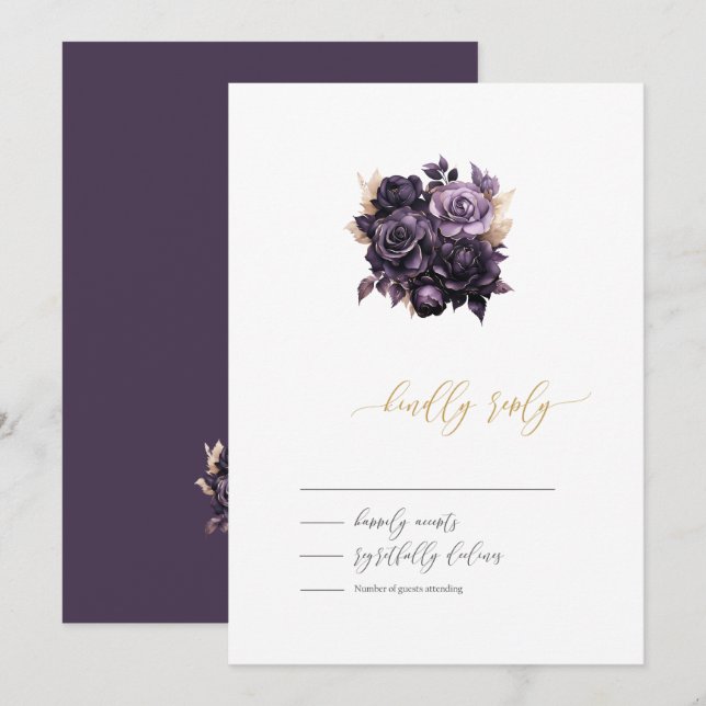 Convite Elegantes Rosas Roxas RSVP  (Frente/Verso)