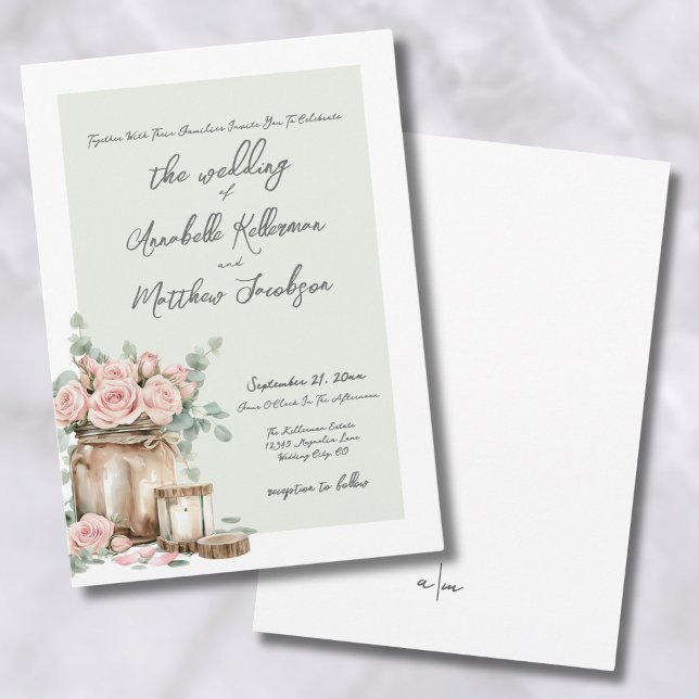 Convite Elegantes Rosas Rústicas em Potes de Pedra Casamen (Elegant Rustic Mason Jar Roses Country Wedding Invitation)