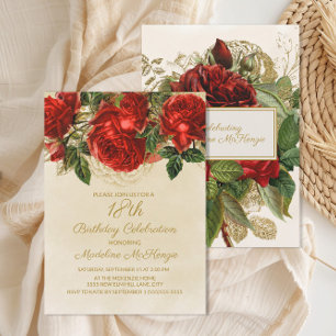 Convite Elegantes Rosas Vermelhas Champanhe 18º Aniversári