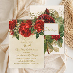 Convite Elegantes Rosas Vermelhas Champanhe 30º Aniversári