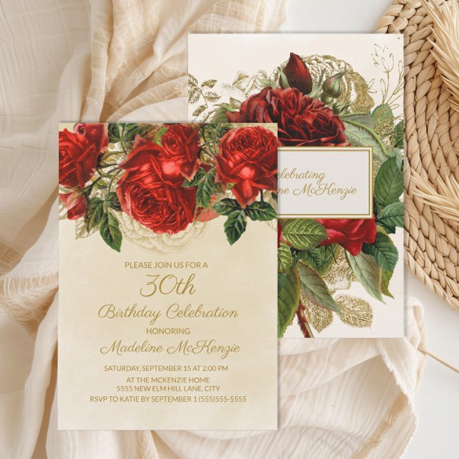 Convite Elegantes Rosas Vermelhas Champanhe 30º Aniversári (Elegant red roses on cream 30th birthday party invitation)