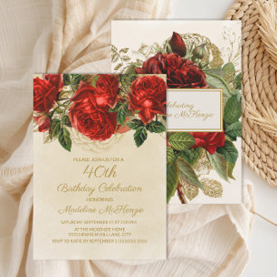 Convite Elegantes Rosas Vermelhas Champanhe 40º Aniversári
