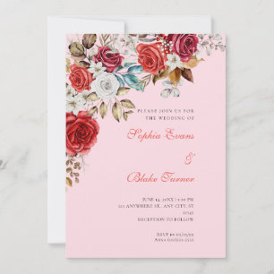 Convite Elegantes Rosas Vermelhas e Brancas Casamento Rosa