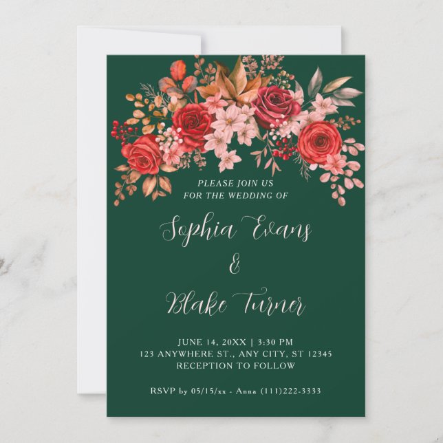 Convite Elegantes Rosas Vermelhas Florais Casamento Verde  (Frente)