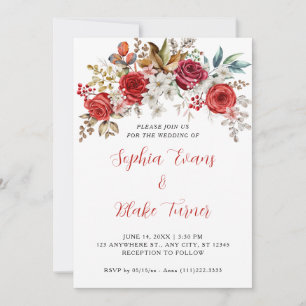 Convite Elegantes Rosas Vermelhas Floral Casamento Branco