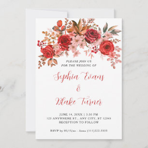 Convite Elegantes Rosas Vermelhas Floral Casamento Branco