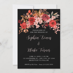 Convite Elegantes Rosas Vermelhas Floral Casamento Preto