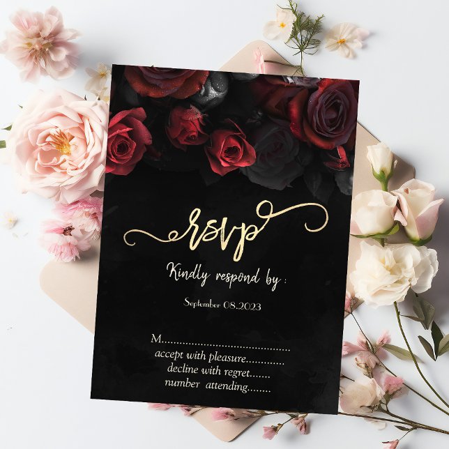 Convite Elegantes Rosas Vermelhas Gótico  RSVP (Criador carregado)