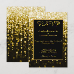 CONVITE ELEGANTES RSVP DE ORO NEGRO CON DIAMANTES EN CASCA