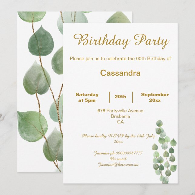 CONVITE ELEGANTES SAGE BRANCO EUCALIPTO PERSONALIZADO  (Frente/Verso)