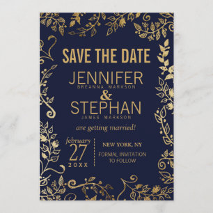 Convite Elegantes Save the Dates Florais em Azul Naval e D