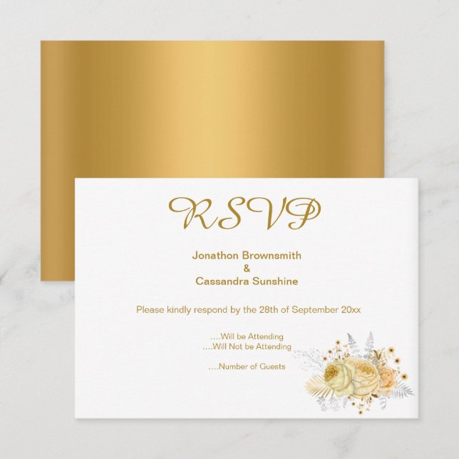 CONVITE ELEGANTES SIMPLES FLORES DE OURO OURO RSVP (Frente/Verso)